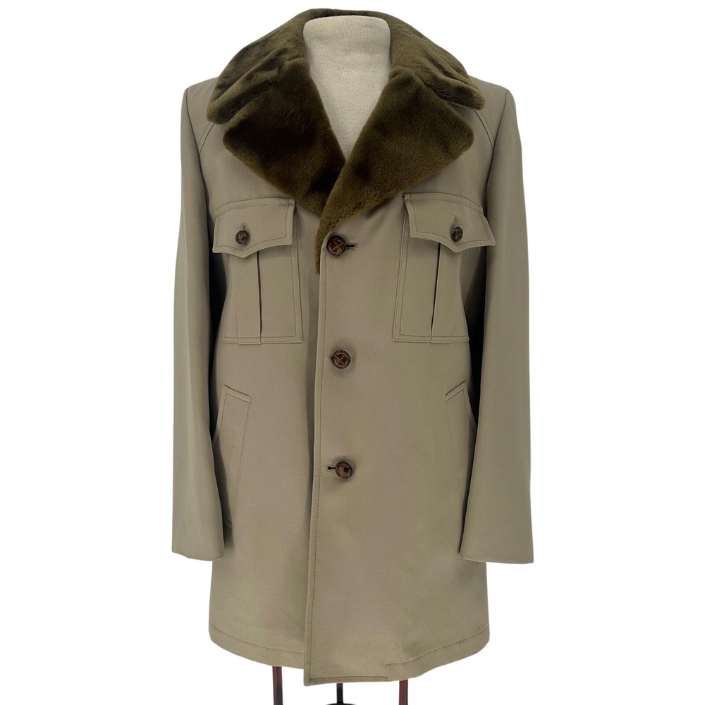 Vintage London Fog Mens Tan Faux Fur Collar Lined Trench Coat‎ Overcoat 42 Long
